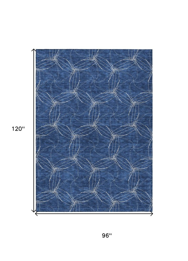 3' X 5' Navy Blue And Ivory Geometric Washable Indoor Outdoor Area Rug