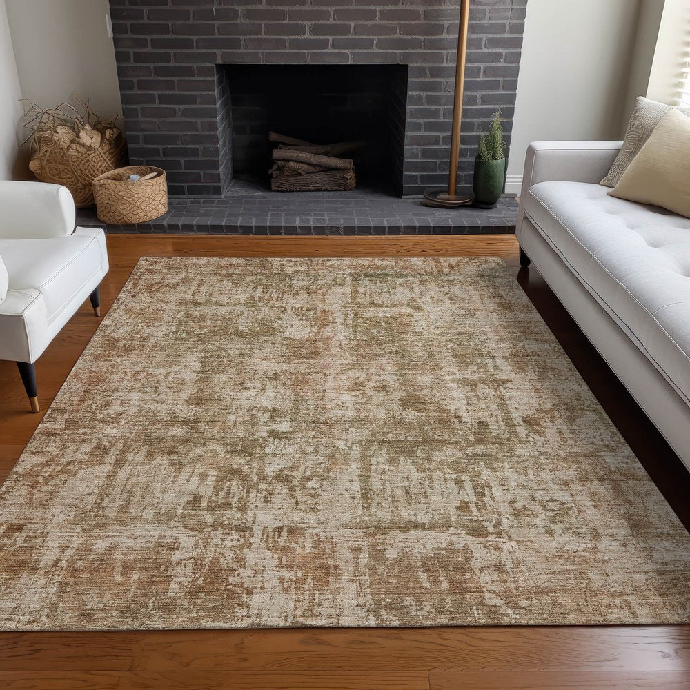 8' X 10' Beige And Copper Abstract Washable Indoor Outdoor Area Rug
