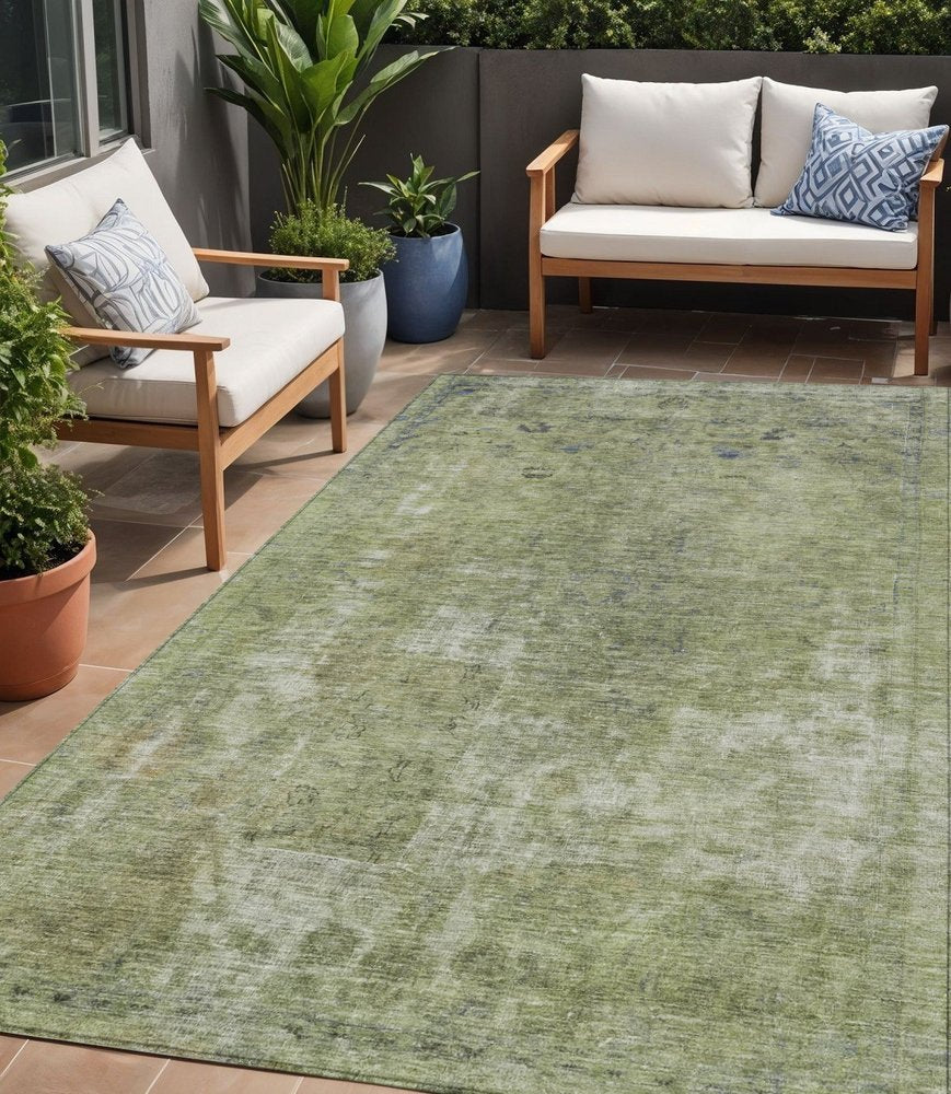 3' X 5' Artichoke Green And Beige Abstract Washable Indoor Outdoor Area Rug