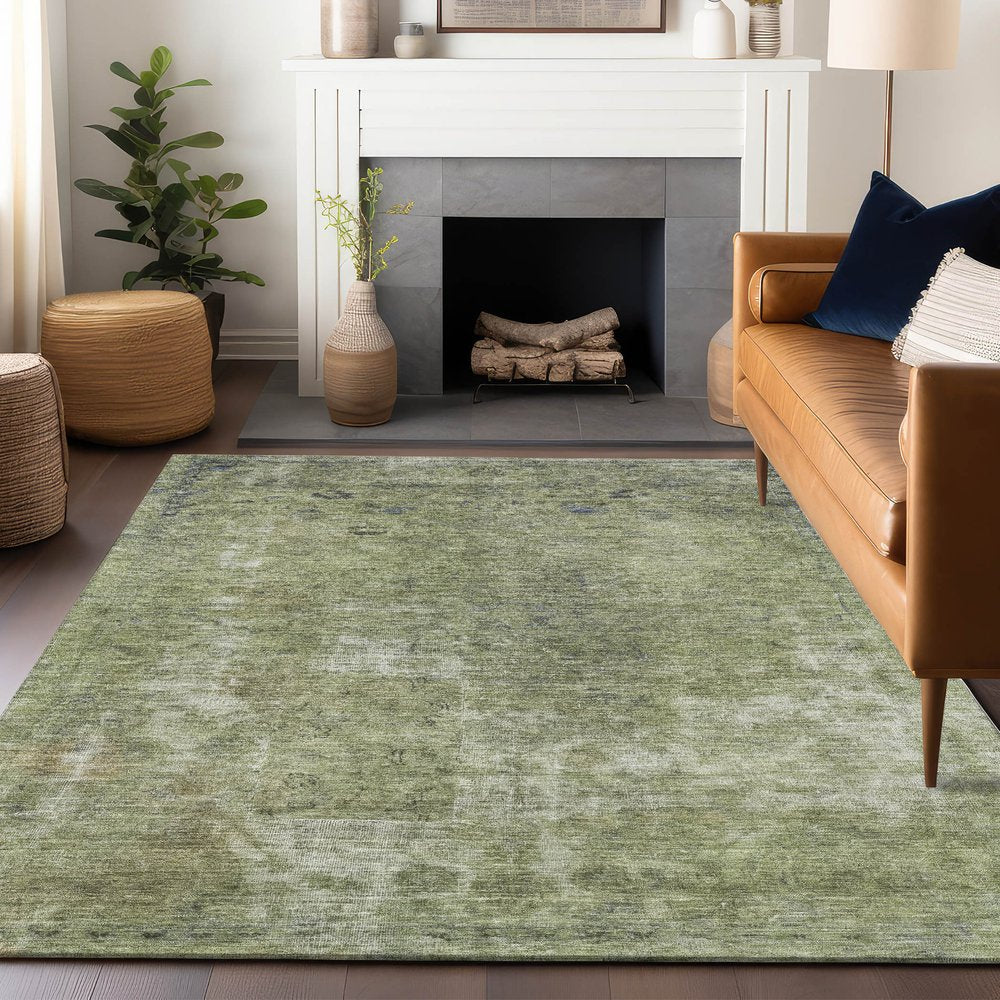 3' X 5' Artichoke Green And Beige Abstract Washable Indoor Outdoor Area Rug