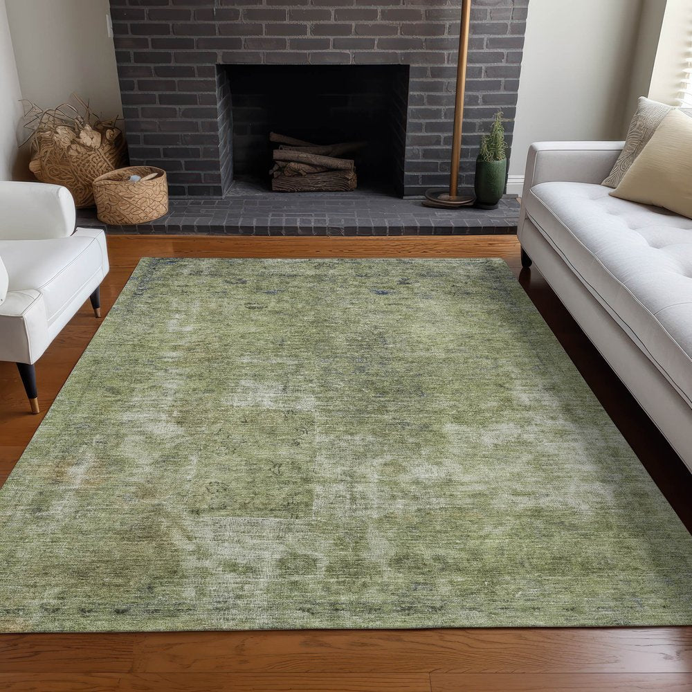 3' X 5' Artichoke Green And Beige Abstract Washable Indoor Outdoor Area Rug