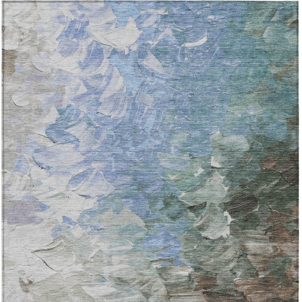 3' X 5' Denim Blue Taupe And Ivory Abstract Washable Indoor Outdoor Area Rug