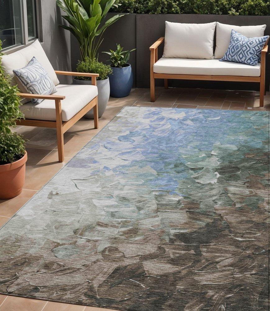 3' X 5' Denim Blue Taupe And Ivory Abstract Washable Indoor Outdoor Area Rug