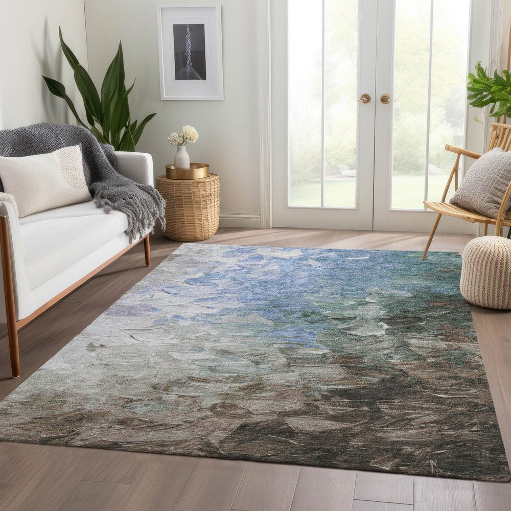 3' X 5' Denim Blue Taupe And Ivory Abstract Washable Indoor Outdoor Area Rug
