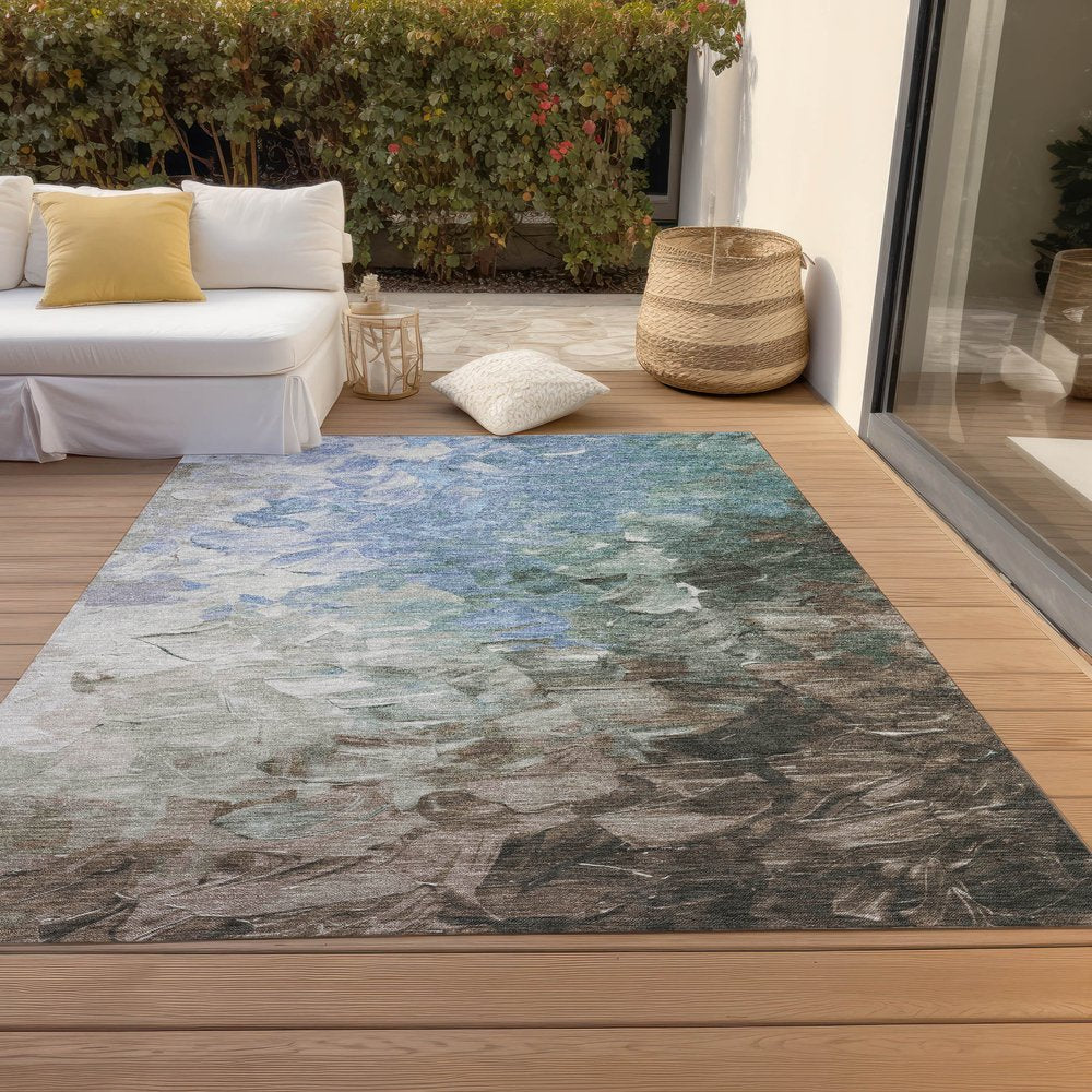 3' X 5' Denim Blue Taupe And Ivory Abstract Washable Indoor Outdoor Area Rug