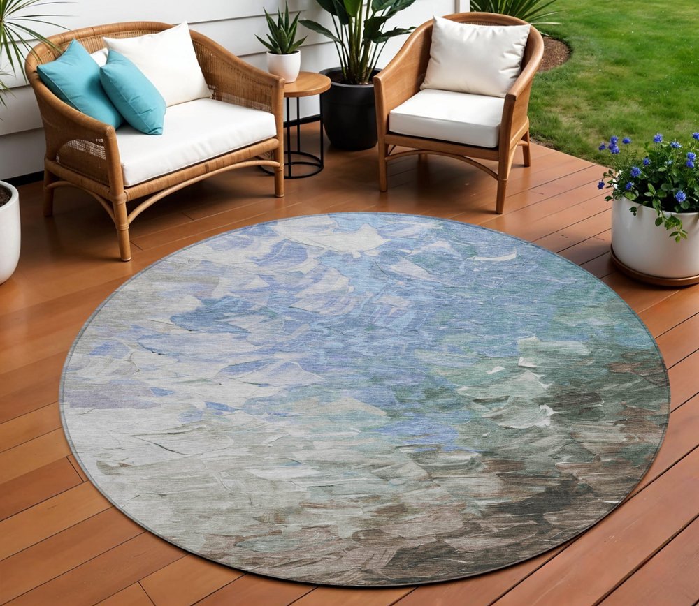 3' X 5' Denim Blue Taupe And Ivory Abstract Washable Indoor Outdoor Area Rug
