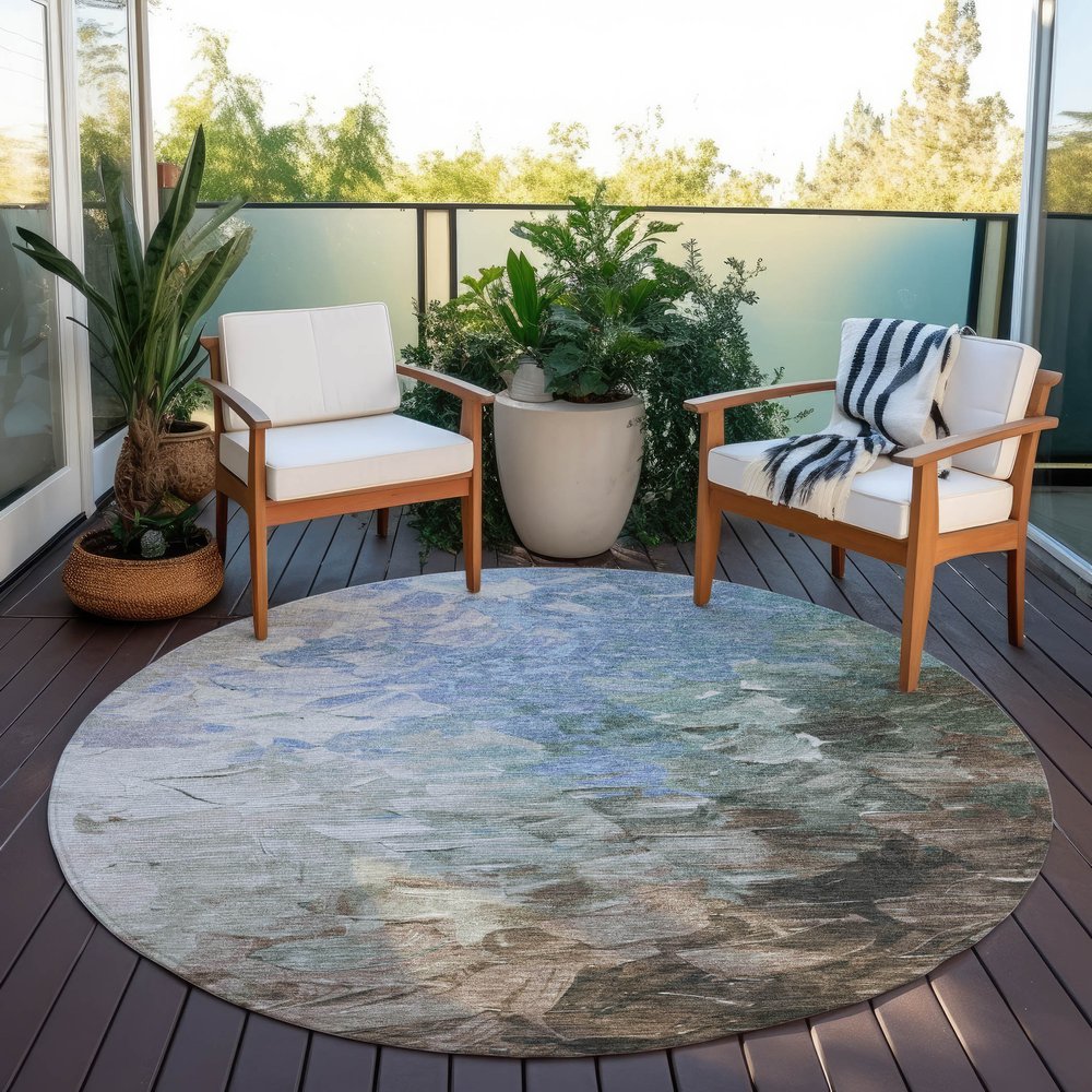 3' X 5' Denim Blue Taupe And Ivory Abstract Washable Indoor Outdoor Area Rug