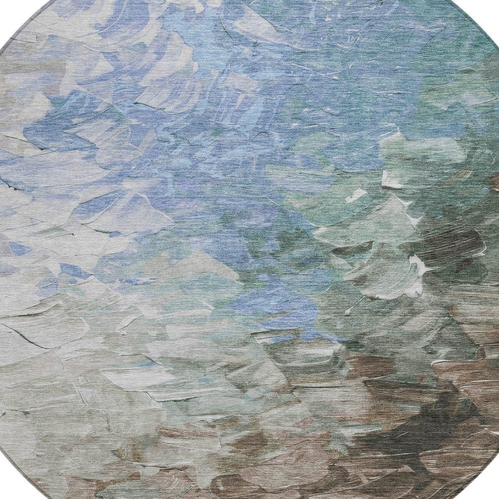 3' X 5' Denim Blue Taupe And Ivory Abstract Washable Indoor Outdoor Area Rug