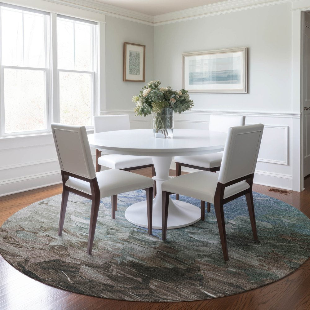 3' X 5' Denim Blue Taupe And Ivory Abstract Washable Indoor Outdoor Area Rug