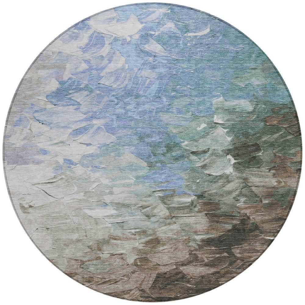 3' X 5' Denim Blue Taupe And Ivory Abstract Washable Indoor Outdoor Area Rug