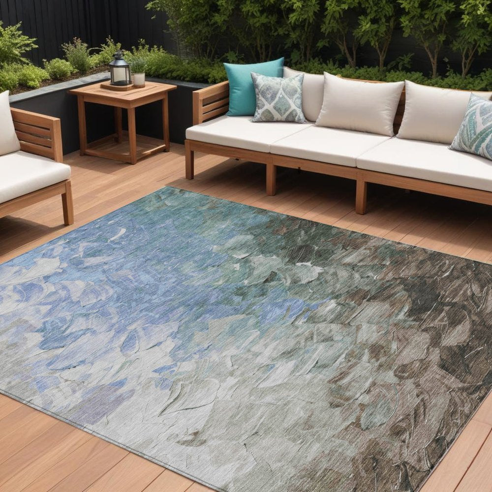 3' X 5' Denim Blue Taupe And Ivory Abstract Washable Indoor Outdoor Area Rug