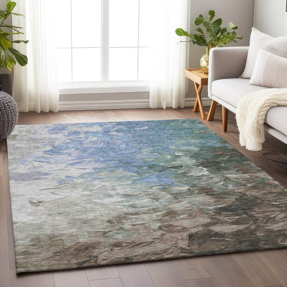 3' X 5' Denim Blue Taupe And Ivory Abstract Washable Indoor Outdoor Area Rug