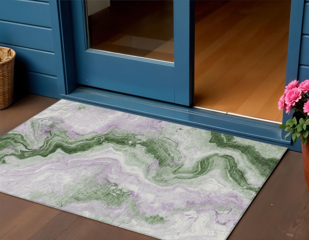 3' X 5' Olive Green And Lavender Abstract Washable Indoor Outdoor Area Rug