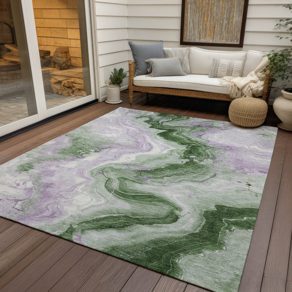 3' X 5' Olive Green And Lavender Abstract Washable Indoor Outdoor Area Rug