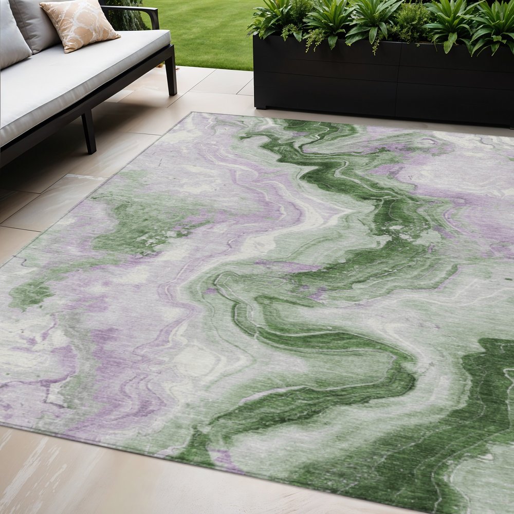 3' X 5' Olive Green And Lavender Abstract Washable Indoor Outdoor Area Rug