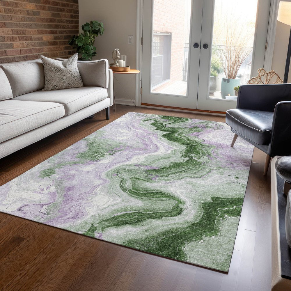 3' X 5' Olive Green And Lavender Abstract Washable Indoor Outdoor Area Rug