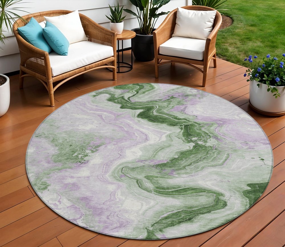 3' X 5' Olive Green And Lavender Abstract Washable Indoor Outdoor Area Rug