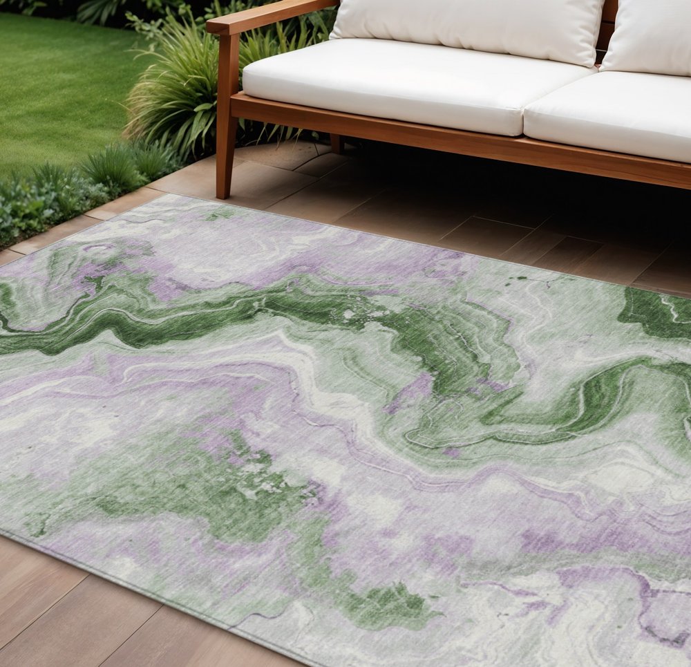 3' X 5' Olive Green And Lavender Abstract Washable Indoor Outdoor Area Rug
