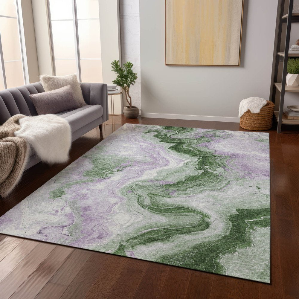 3' X 5' Olive Green And Lavender Abstract Washable Indoor Outdoor Area Rug