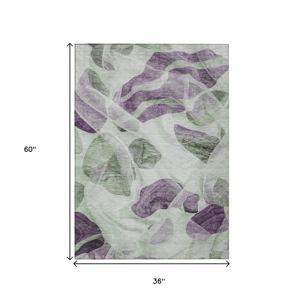 3' X 5' Artichoke Green And Purple Abstract Washable Indoor Outdoor Area Rug
