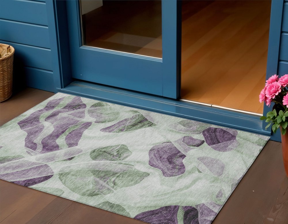 3' X 5' Artichoke Green And Purple Abstract Washable Indoor Outdoor Area Rug