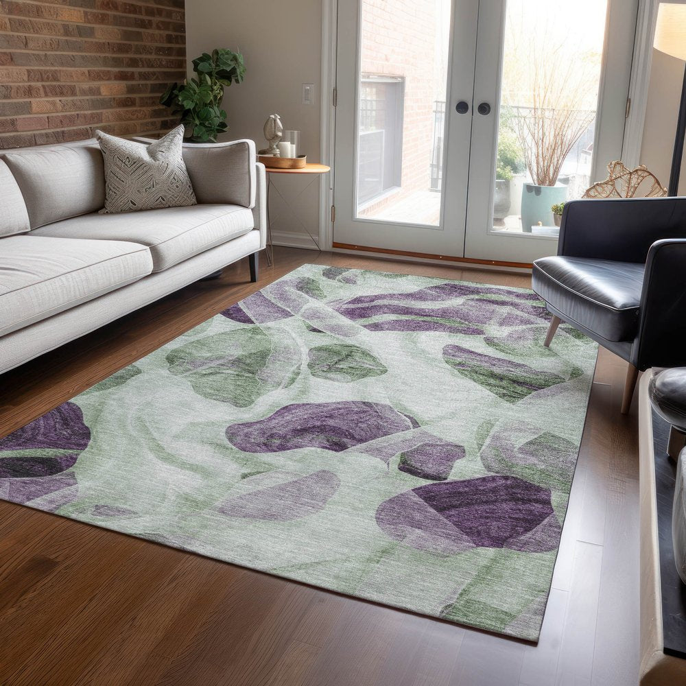 3' X 5' Artichoke Green And Purple Abstract Washable Indoor Outdoor Area Rug