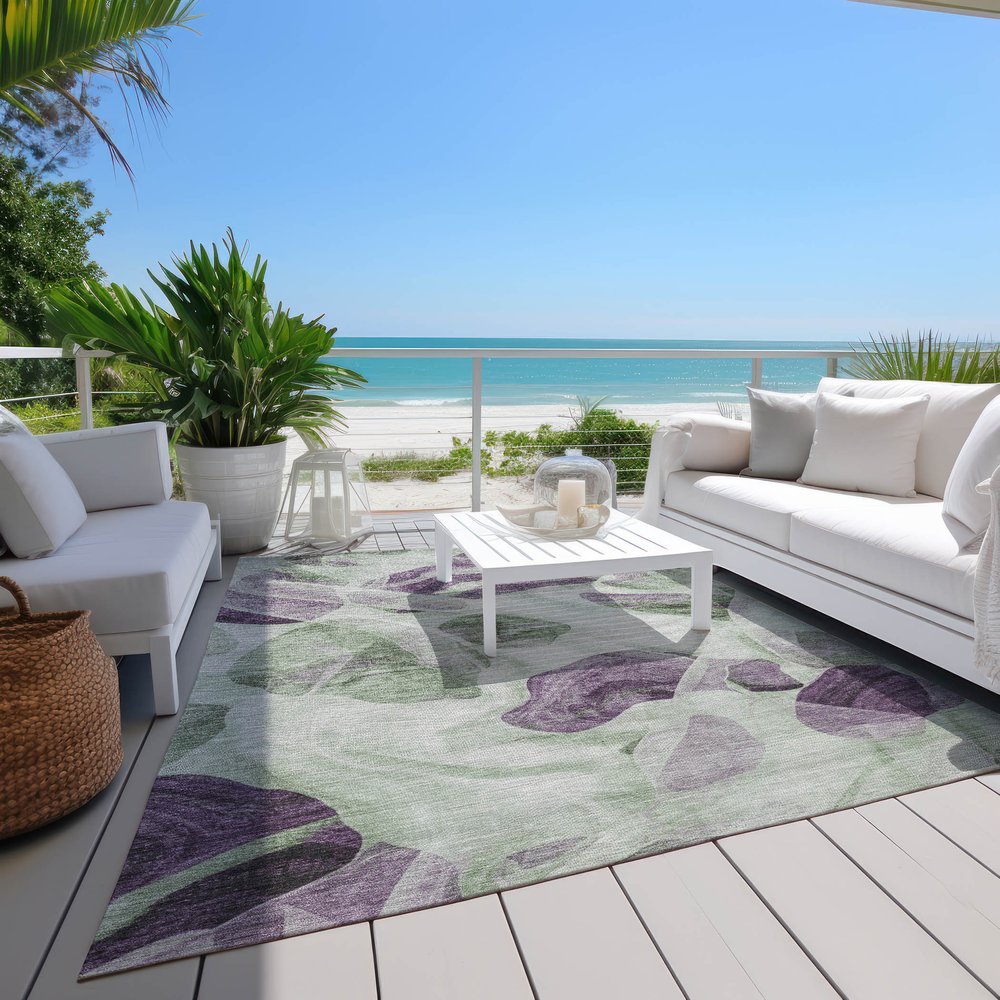 3' X 5' Artichoke Green And Purple Abstract Washable Indoor Outdoor Area Rug