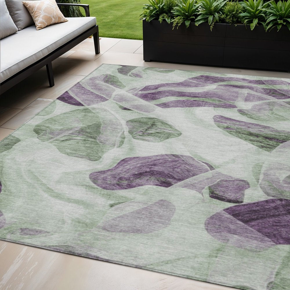 3' X 5' Artichoke Green And Purple Abstract Washable Indoor Outdoor Area Rug