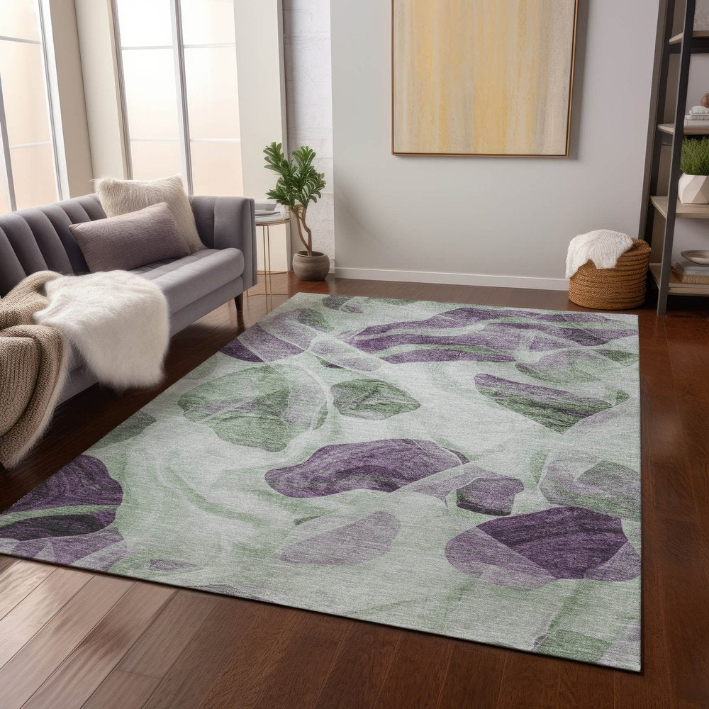 3' X 5' Artichoke Green And Purple Abstract Washable Indoor Outdoor Area Rug
