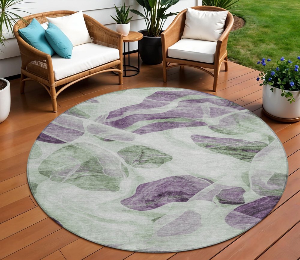 3' X 5' Artichoke Green And Purple Abstract Washable Indoor Outdoor Area Rug