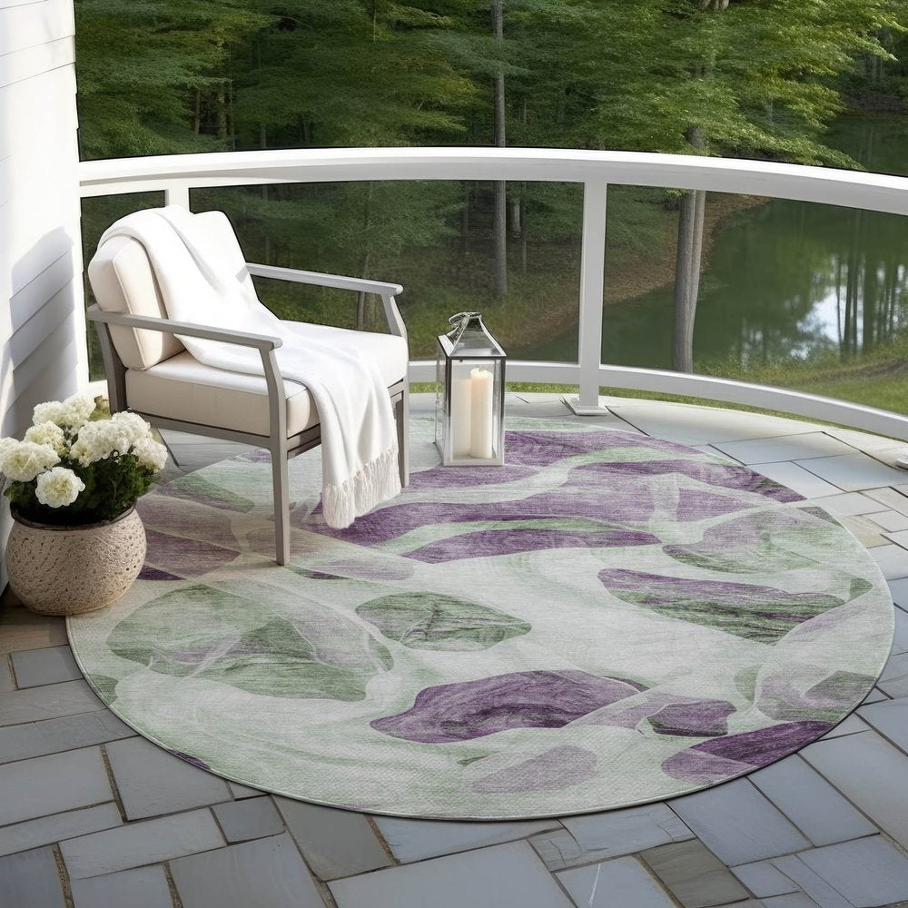 3' X 5' Artichoke Green And Purple Abstract Washable Indoor Outdoor Area Rug