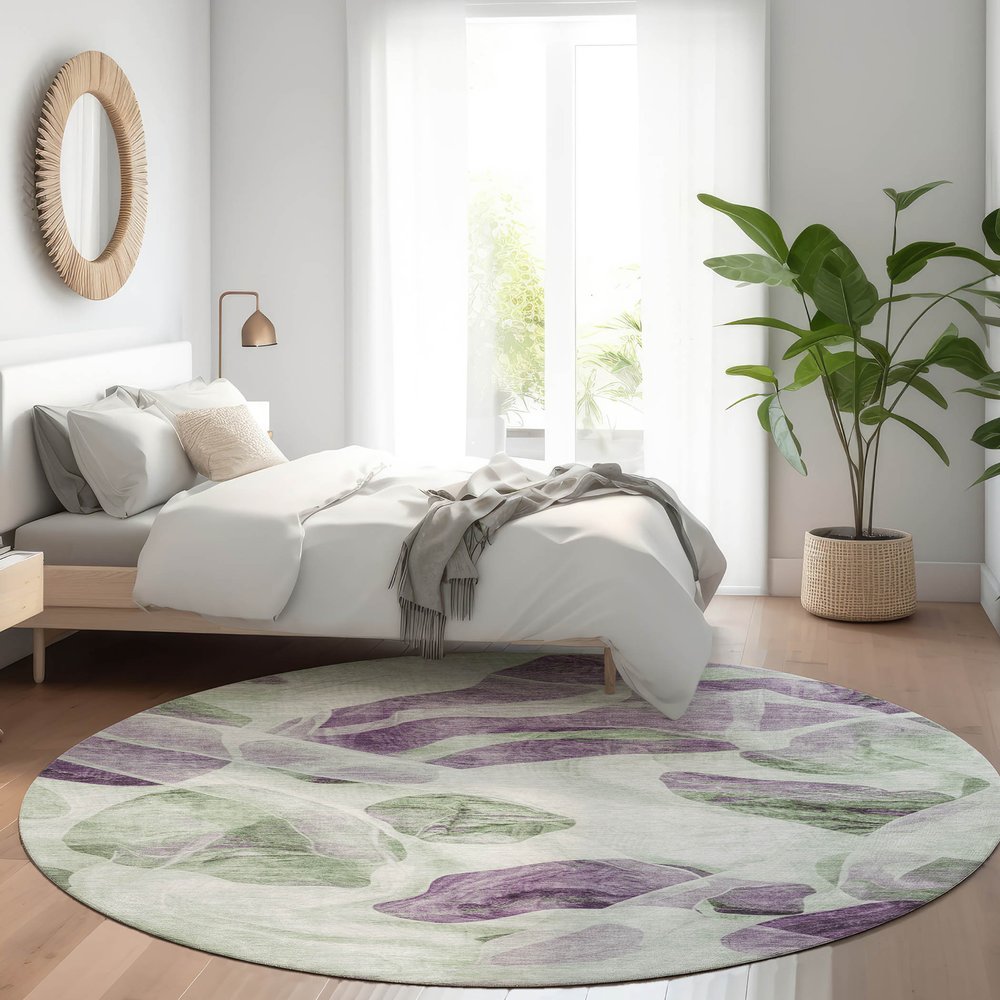 3' X 5' Artichoke Green And Purple Abstract Washable Indoor Outdoor Area Rug