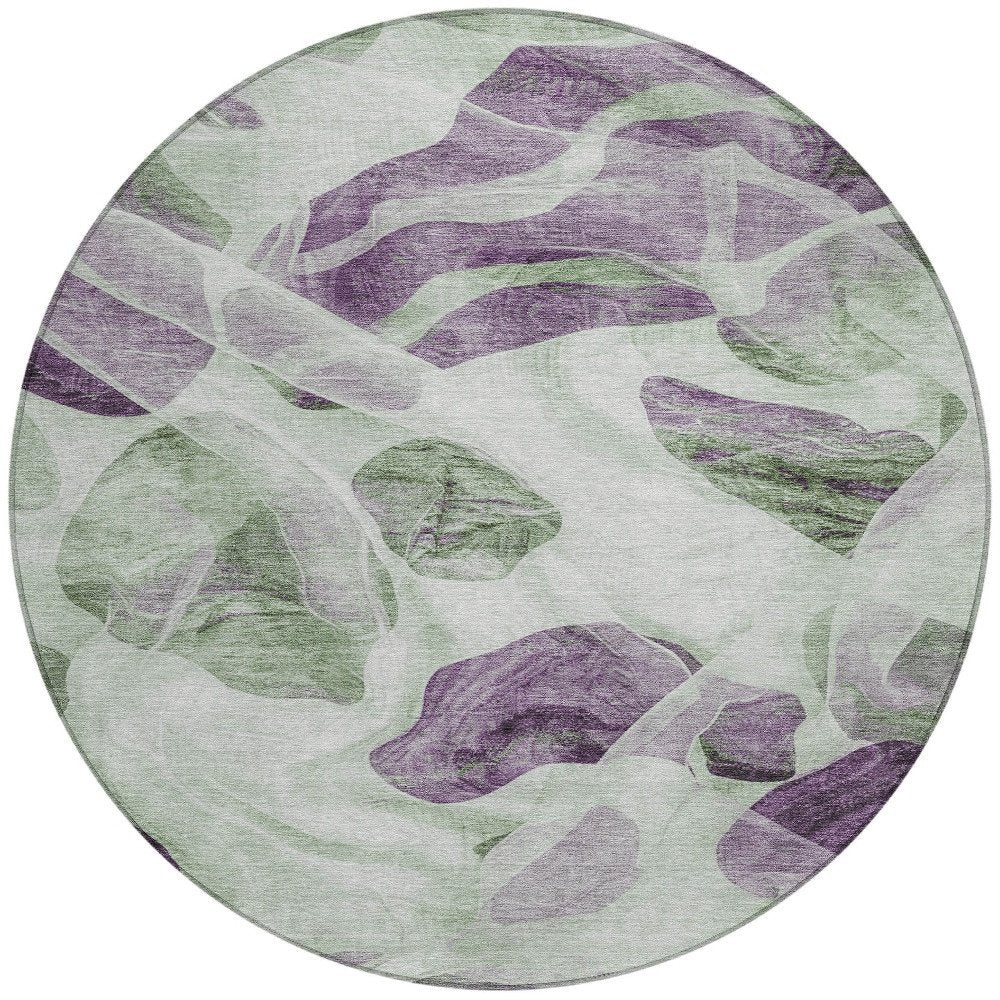 3' X 5' Artichoke Green And Purple Abstract Washable Indoor Outdoor Area Rug