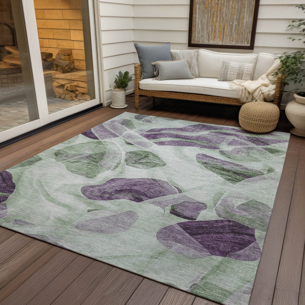 3' X 5' Artichoke Green And Purple Abstract Washable Indoor Outdoor Area Rug
