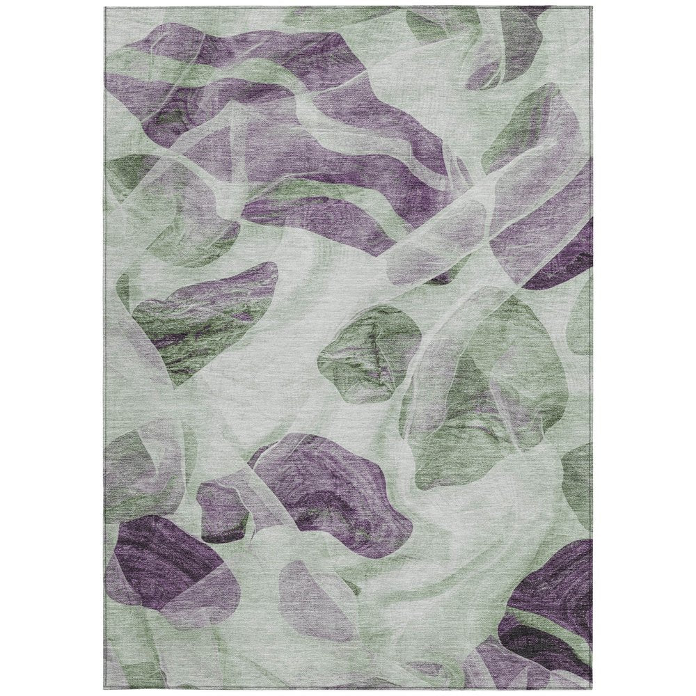 3' X 5' Artichoke Green And Purple Abstract Washable Indoor Outdoor Area Rug