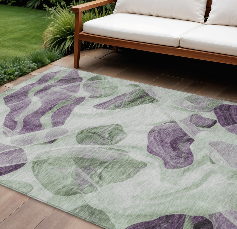 3' X 5' Artichoke Green And Purple Abstract Washable Indoor Outdoor Area Rug