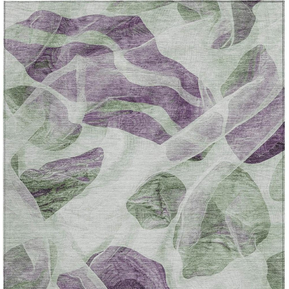 3' X 5' Artichoke Green And Purple Abstract Washable Indoor Outdoor Area Rug