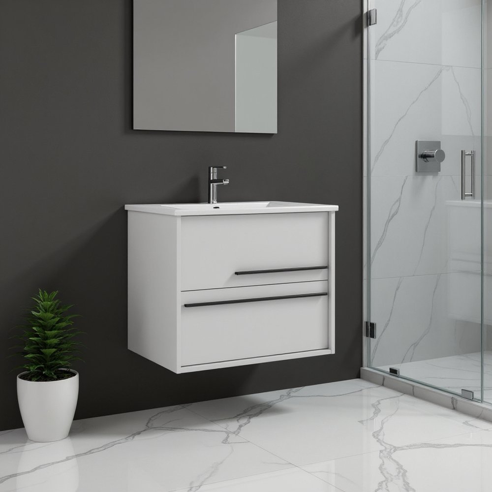 24" Off White Wood Floating Bathroom Vanity With White Sink And Two Drawers