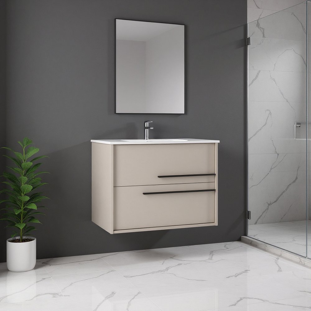 24" Tan Wood Floating Bathroom Vanity With White Sink And Two Drawers