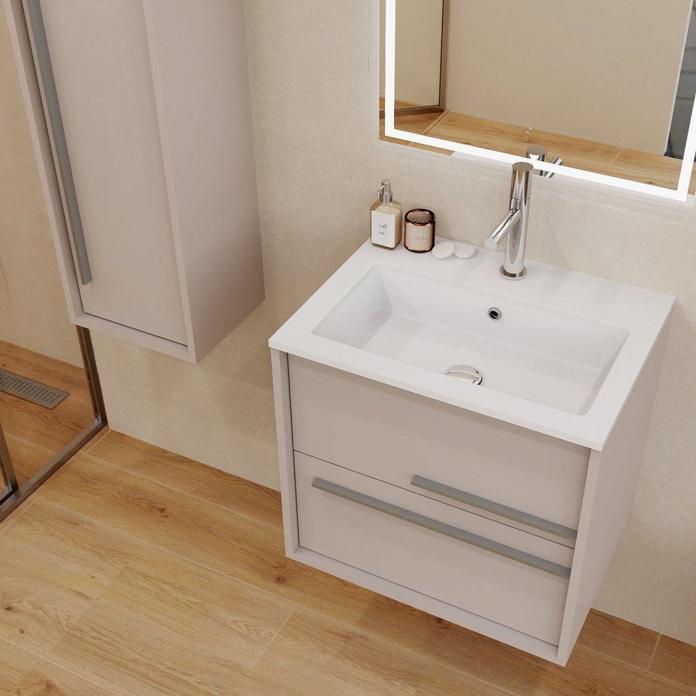 24" Tan Wood Floating Bathroom Vanity With White Sink And Two Drawers
