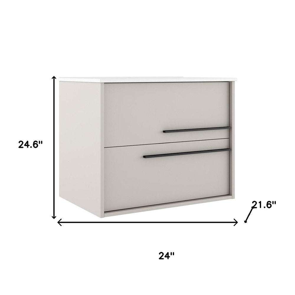 24" Tan Wood Floating Bathroom Vanity With White Sink And Two Drawers