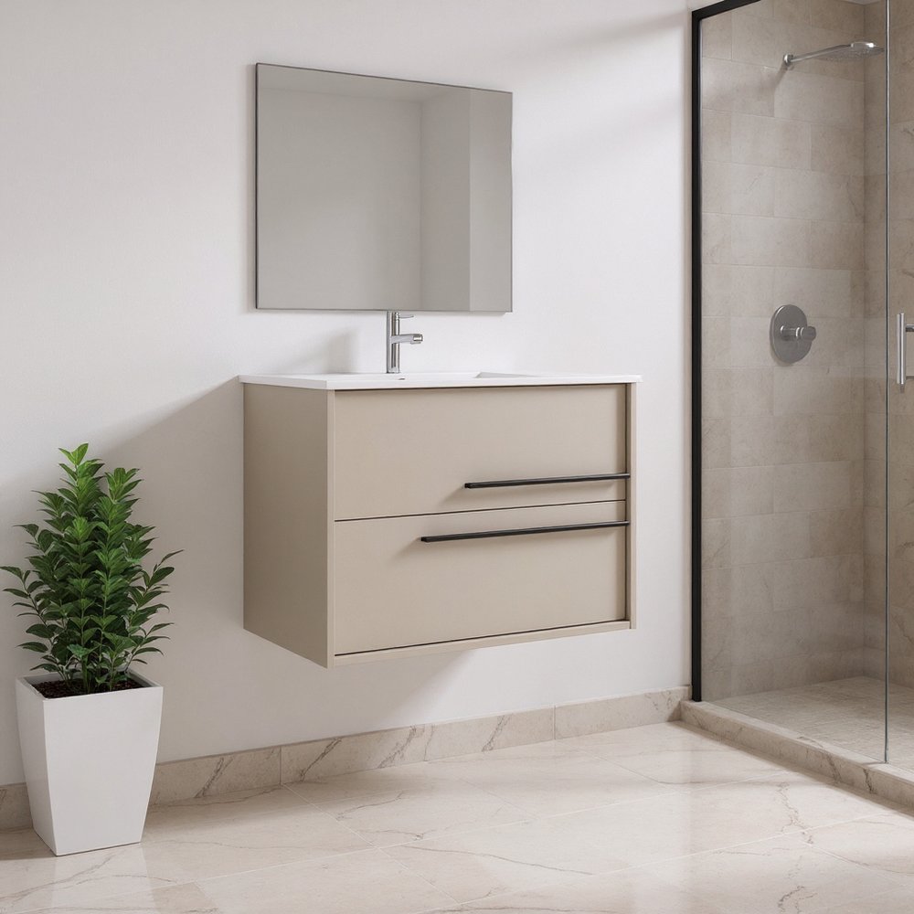 24" Tan Wood Floating Bathroom Vanity With White Sink And Two Drawers