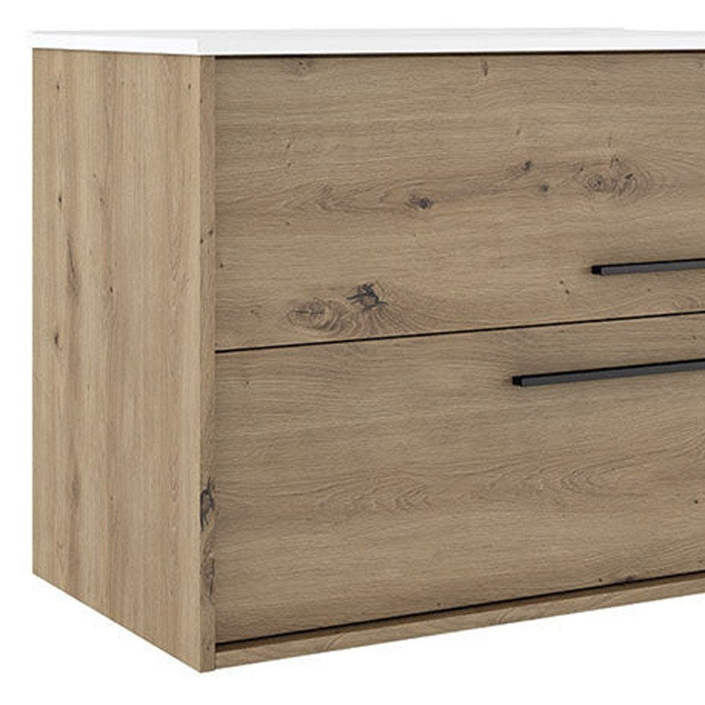 24" Natural Wood Floating Bathroom Vanity With White Sink And Two Drawers