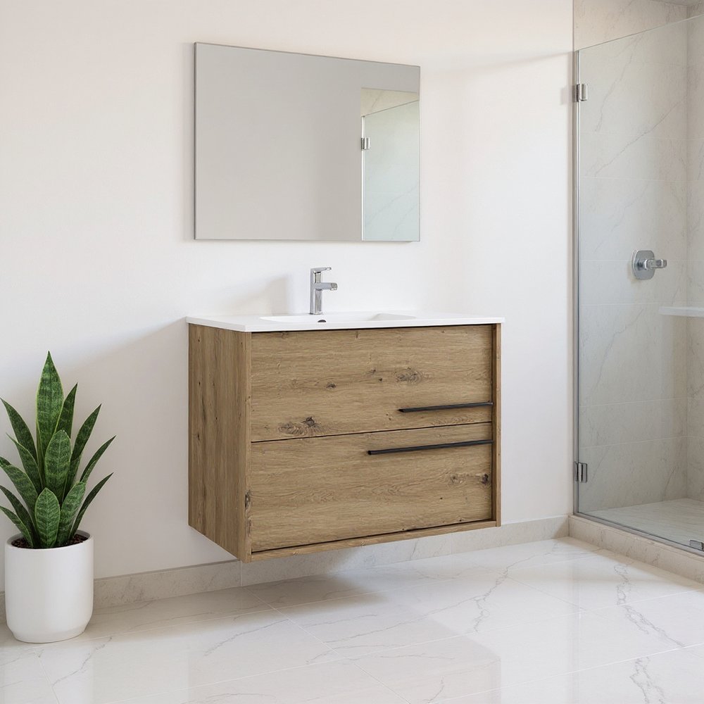 24" Natural Wood Floating Bathroom Vanity With White Sink And Two Drawers