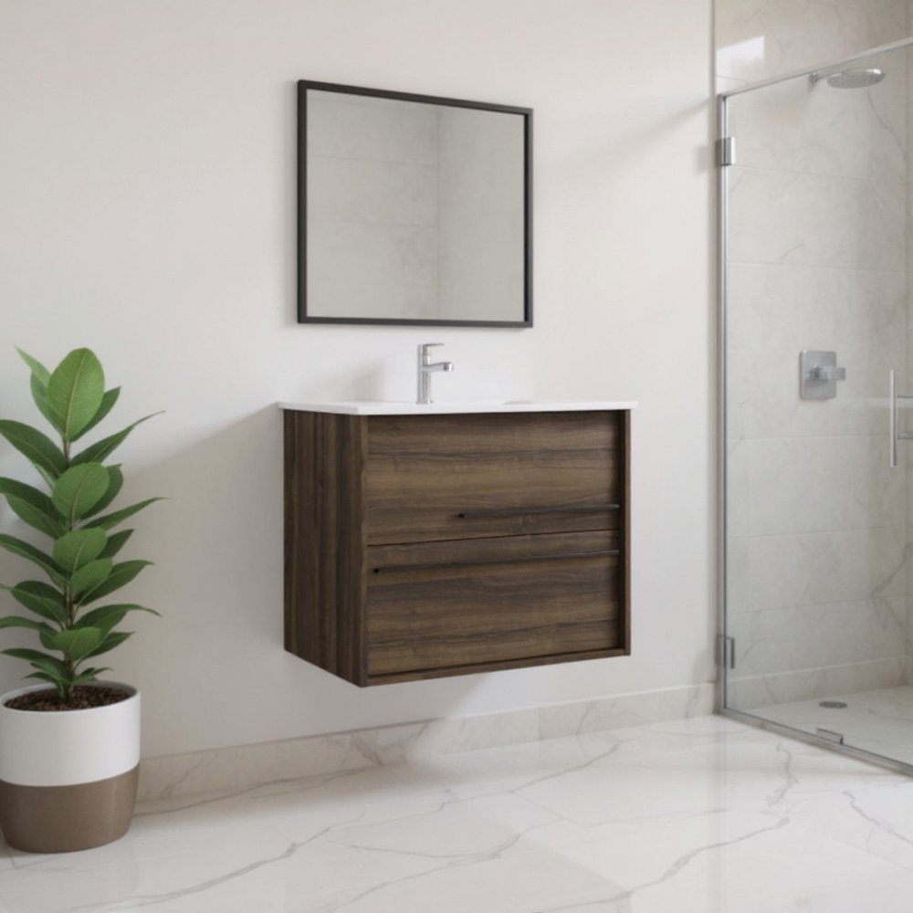 24" Dark Brown Wood Floating Bathroom Vanity With White Sink And Two Drawers