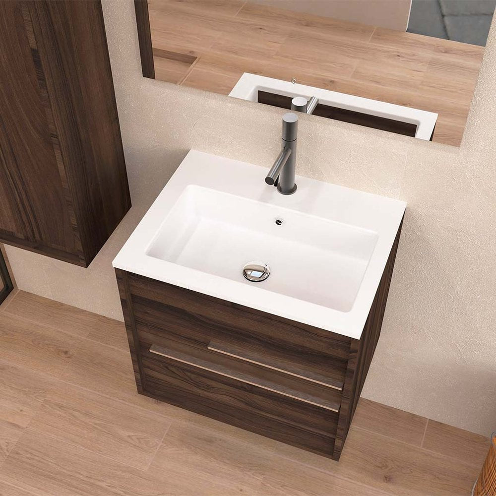 24" Dark Brown Wood Floating Bathroom Vanity With White Sink And Two Drawers