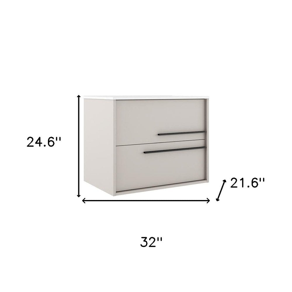 32" Tan Wood Floating Bathroom Vanity With White Sink And Two Drawers