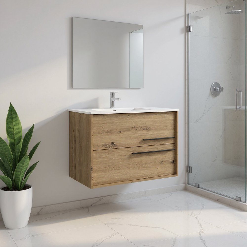 32" Natural Wood Floating Bathroom Vanity With White Sink And Two Drawers