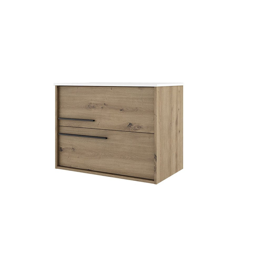 32" Natural Wood Floating Bathroom Vanity With White Sink And Two Drawers