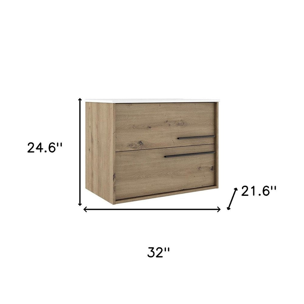 32" Natural Wood Floating Bathroom Vanity With White Sink And Two Drawers